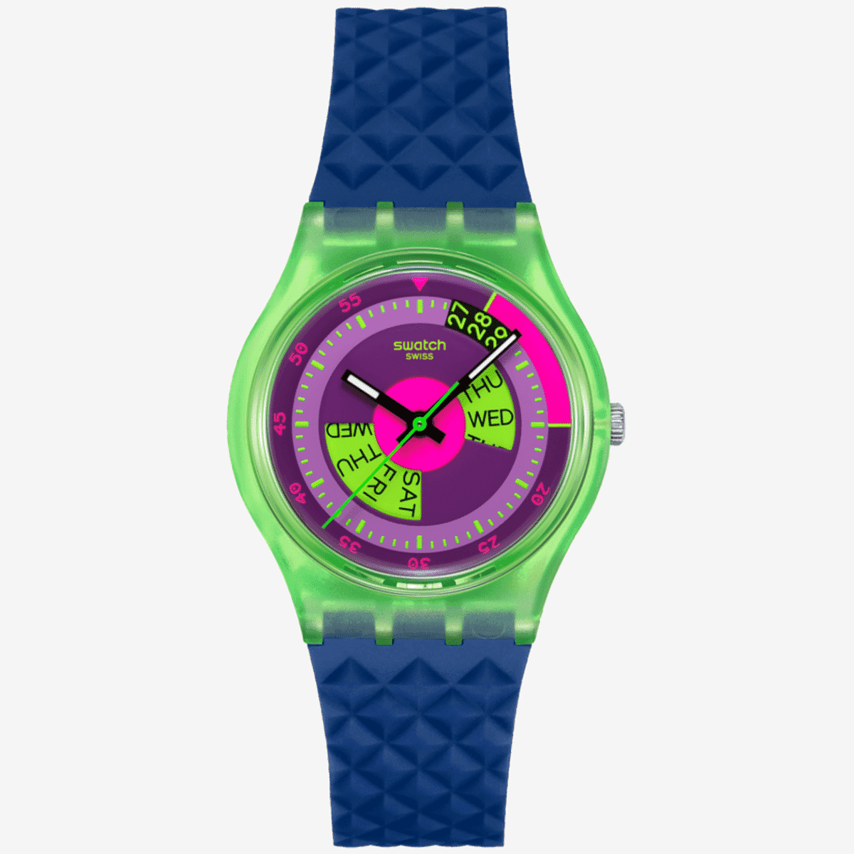 Vista frontal del Reloj Swatch Swatch Neon Skychart con caja verde de origen biológico y esfera violeta - SO28G704
