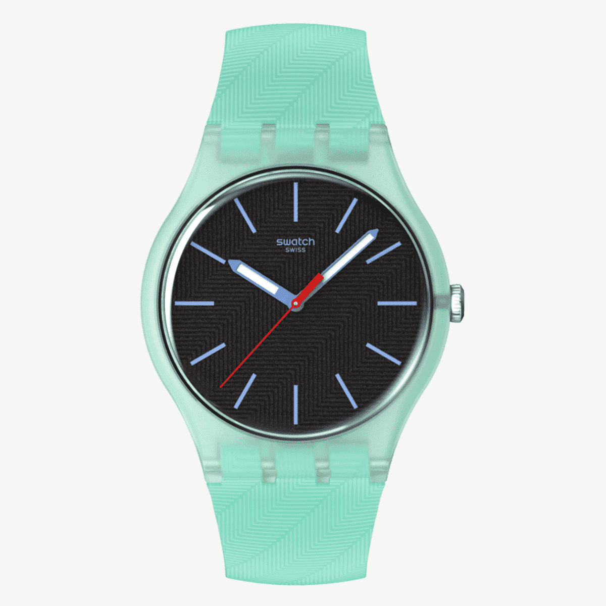 Vista frontal del Reloj Swatch Hint of Mint con esfera negra y brazalete de silicona verde - SO29L103