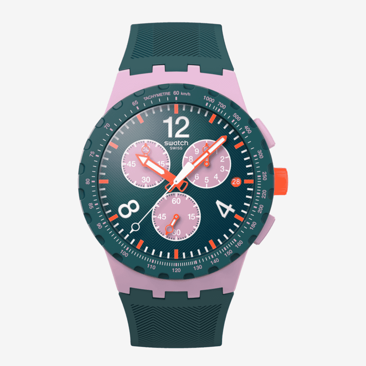 Vista frontal del Reloj Swatch Moment of Rose SUSP400 con esfera verde y correa de silicona - SUSP400