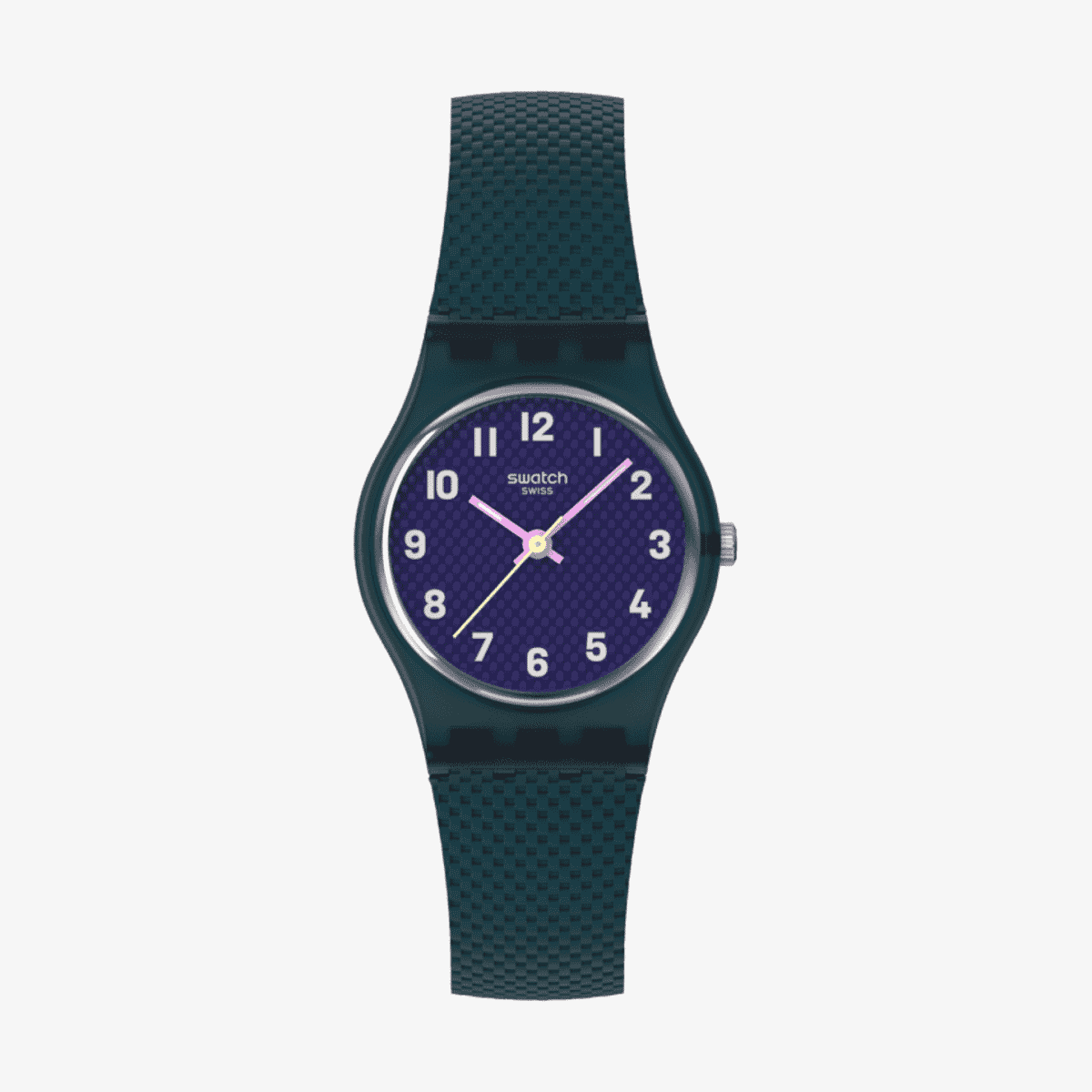 Vista frontal del Reloj Swatch Teal Weave con correa de silicona verde y esfera morada - LL127