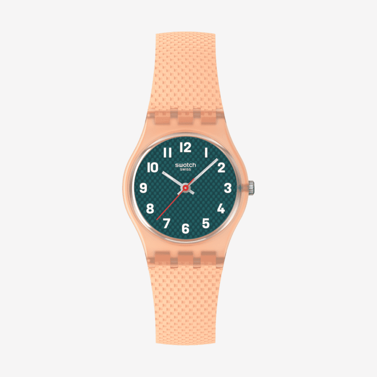 Vista frontal del Reloj Swatch Peachy Weave con esfera verde y correa de silicona naranja - LO117
