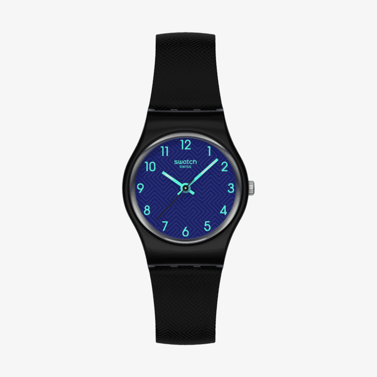 Vista frontal del Reloj Swatch Grace in Time con esfera azul y brazalete de silicona negra - LB188