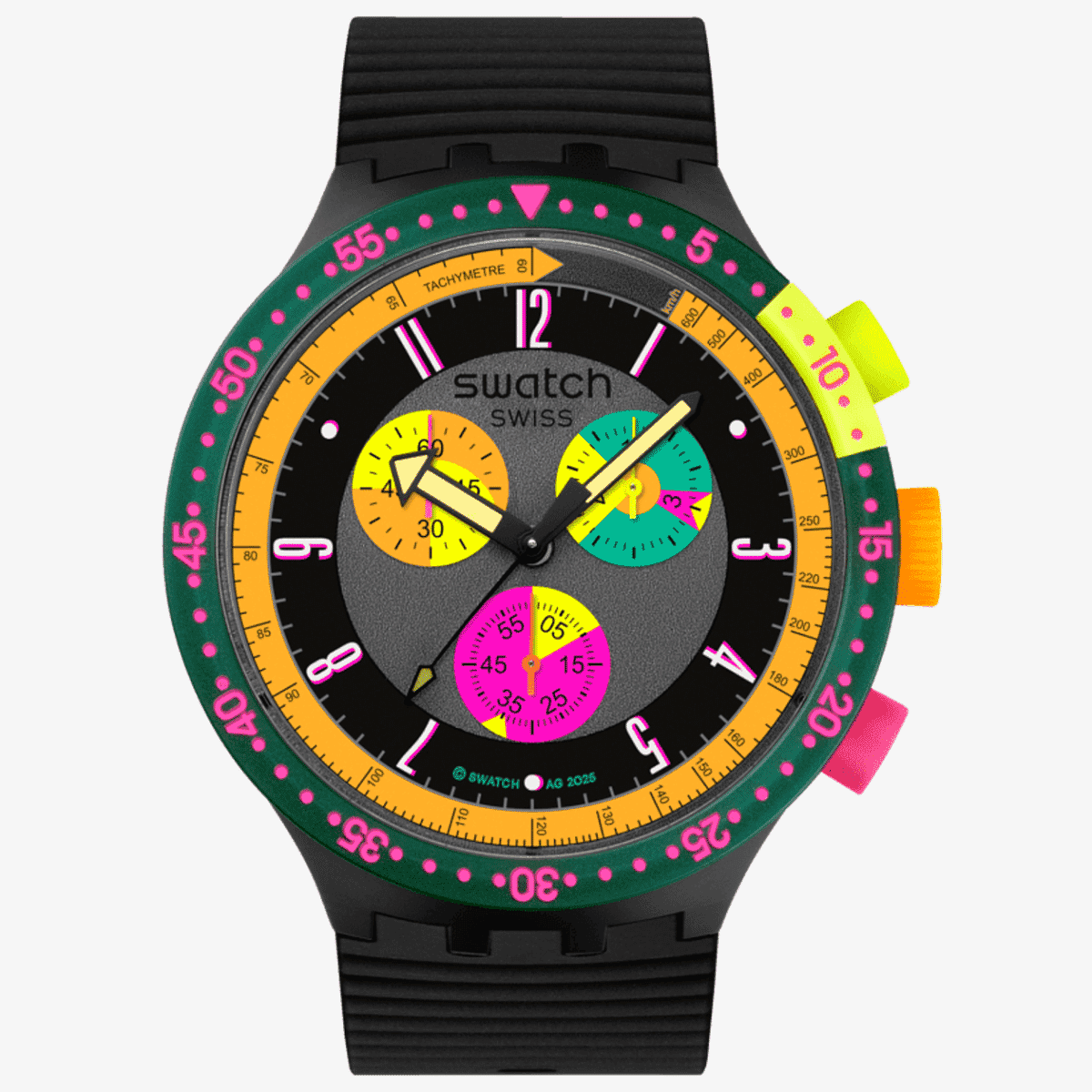 Vista frontal del Reloj Swatch Swatch Neon Seppia SB02B104 con caja negra y esfera negra - SB02B104