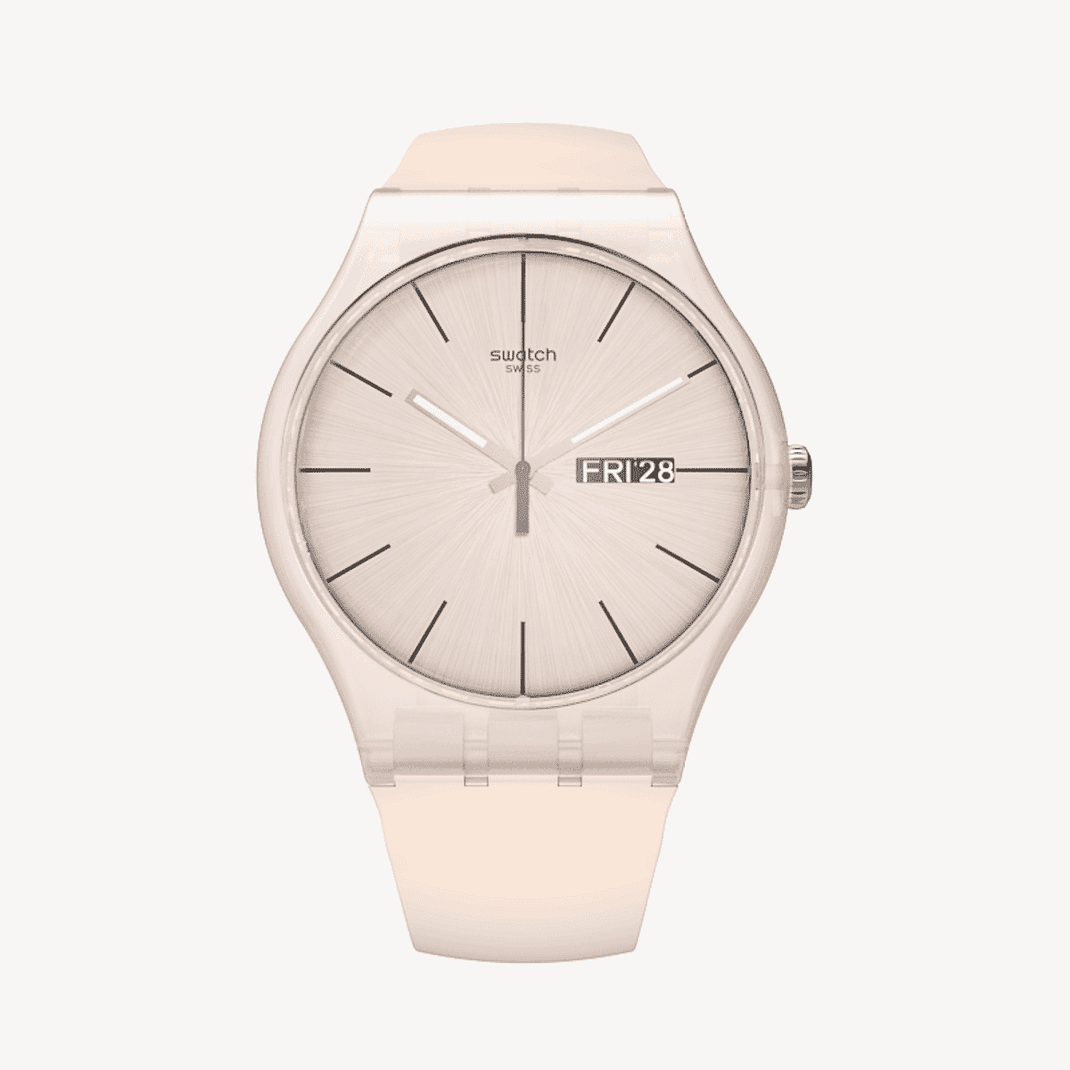 Vista frontal del Reloj Swatch Rose Rebel con brazalete de silicona y esfera rosa - SUOT700