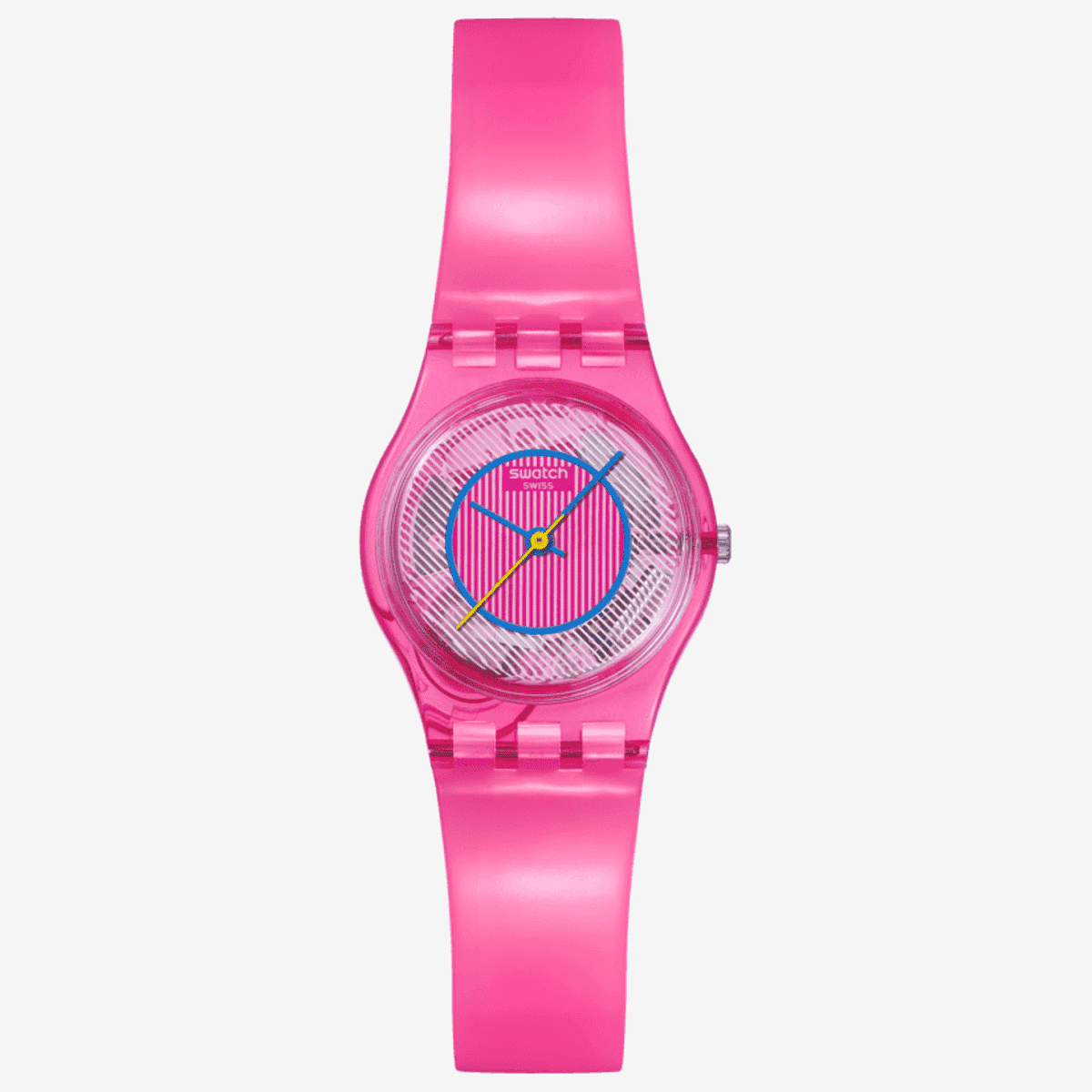 Vista frontal del Reloj Swatch Prismatically Pink con correa de silicona y esfera rosa - LP166