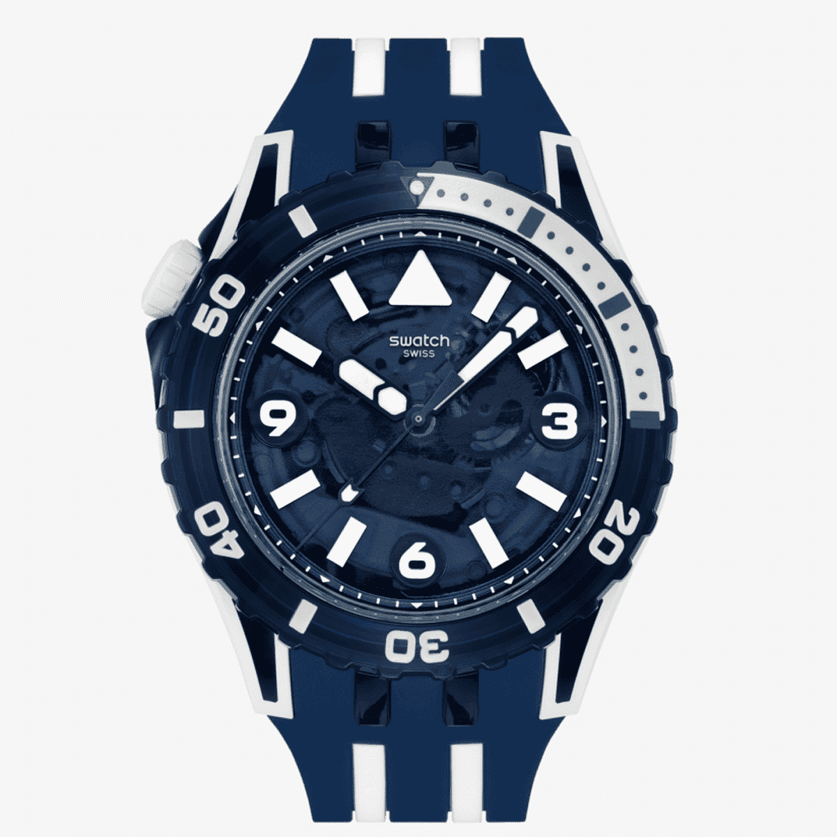 Vista frontal del Reloj Swatch Sea Wasp con brazalete de silicona y esfera azul - SSCU09N100