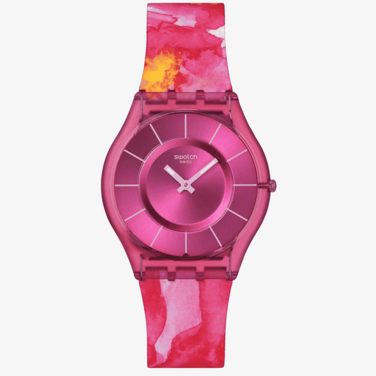 Vista frontal del Reloj Swatch Paradise Petals con correa de silicona multicolor y esfera rosa - SS08P113