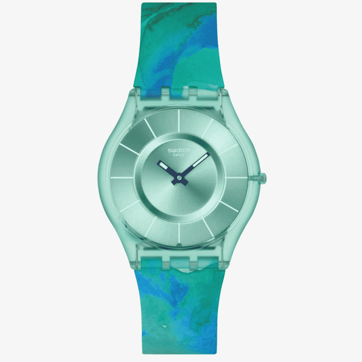 Vista frontal del Reloj Swatch Paradise Mist con brazalete de silicona multicolor y esfera verde - SS08G111