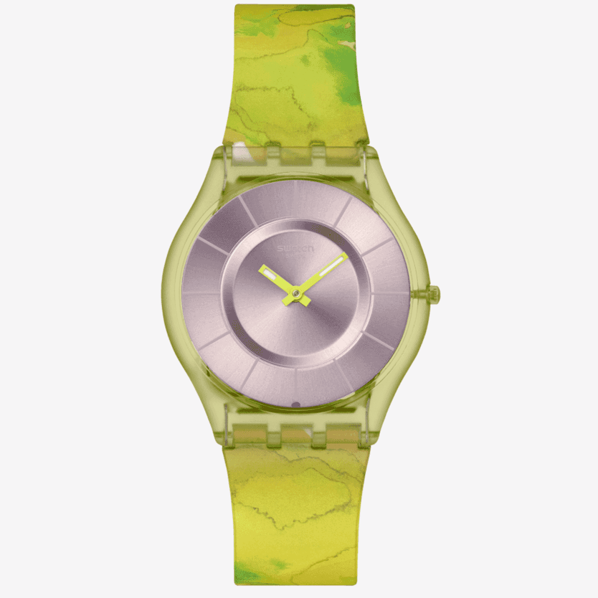 Vista frontal del Reloj Swatch Paradise Canopy con correa de silicona multicolor y esfera beige - SS08G112