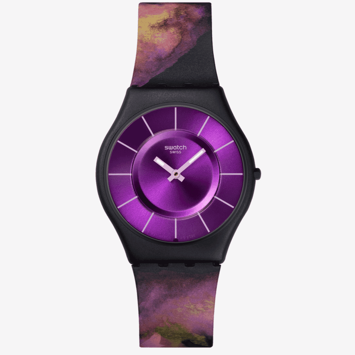Vista frontal del Reloj Swatch Paradise Bloom con correa de silicona multicolor y esfera violeta - SS08B106