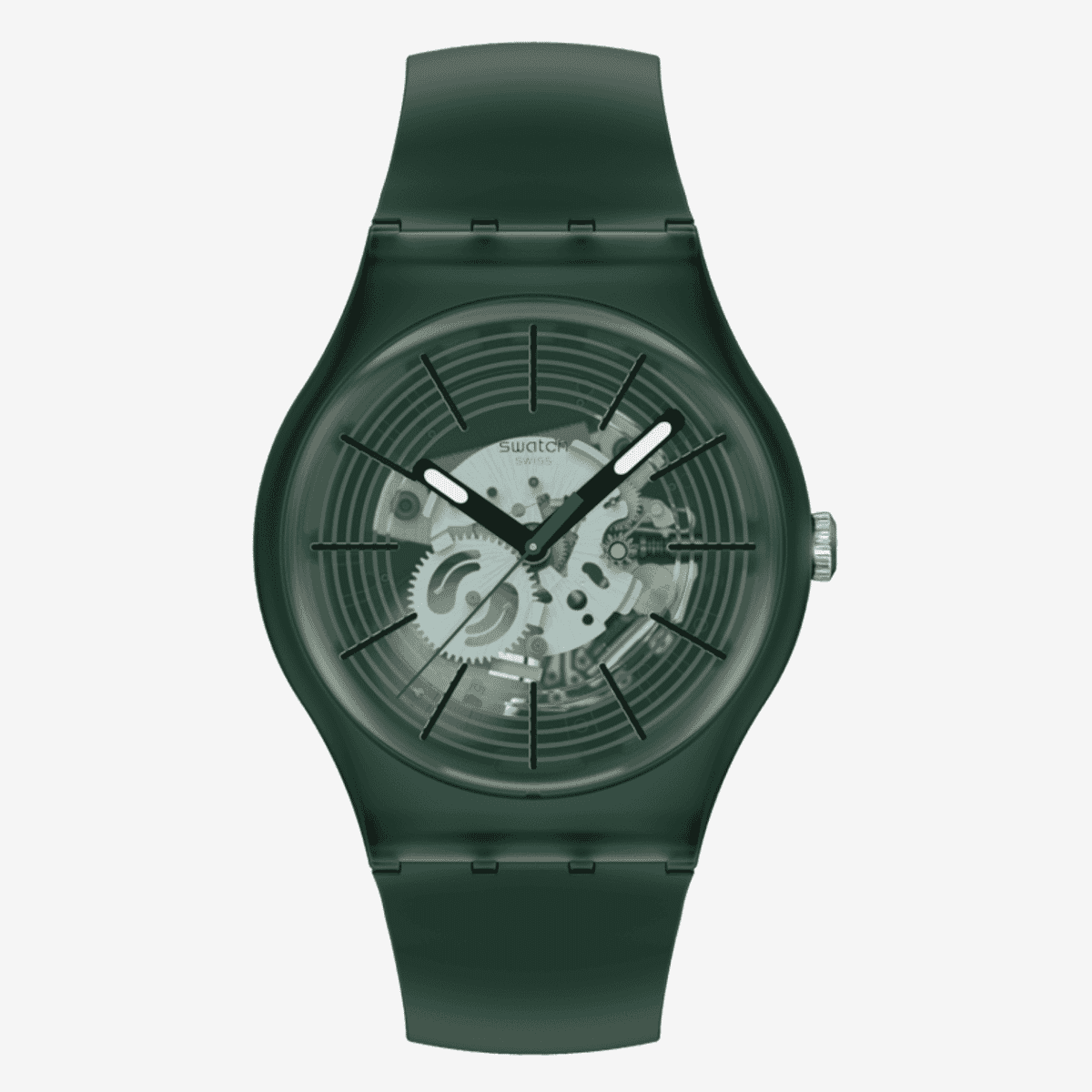 Vista frontal del Reloj Swatch Revealed in the Forest con correa de material biológico y esfera verde - SO29G111