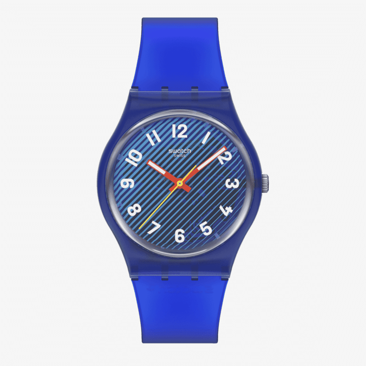 Vista frontal del Reloj Swatch Wavelengths of Water con brazalete de silicona y esfera azul - SO28S107