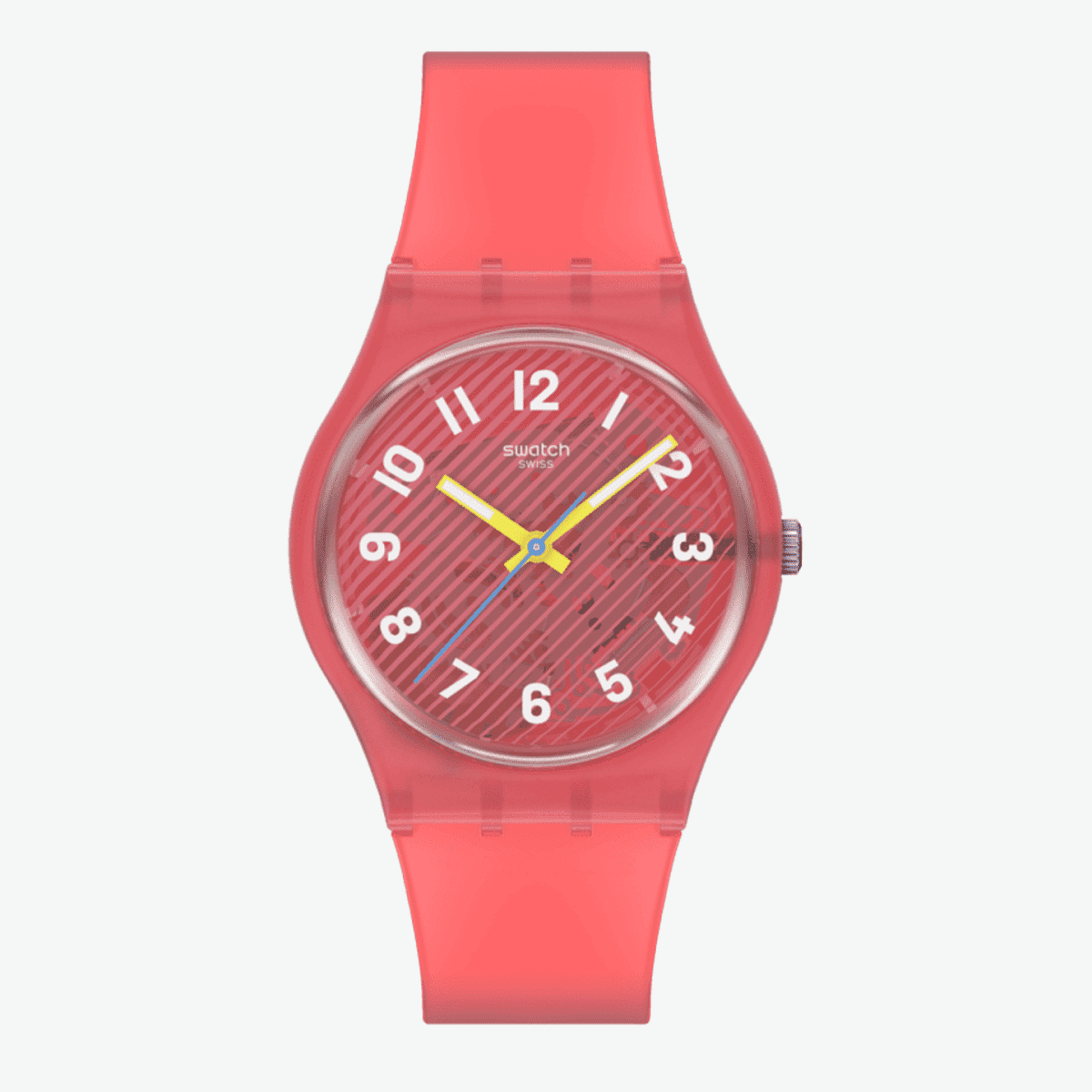 Vista frontal del Reloj Swatch Wavelengths of Coral con esfera rosa y correa de silicona - SO28P114