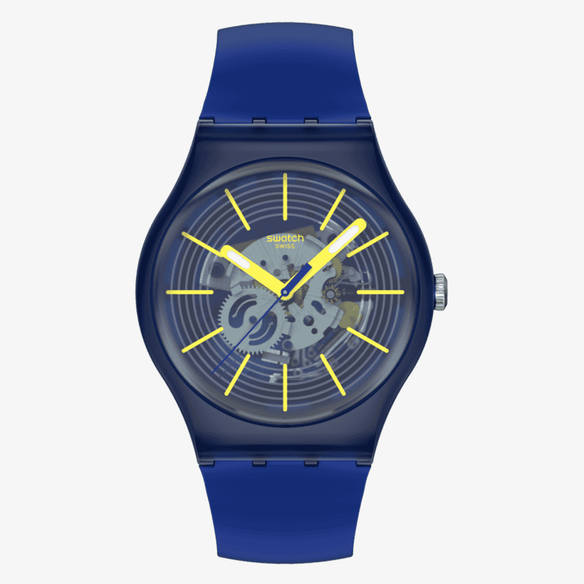 Vista frontal del Reloj Swatch Revealed in the Depths con caja y brazalete de material biológico azul y esfera azul - SO29I100