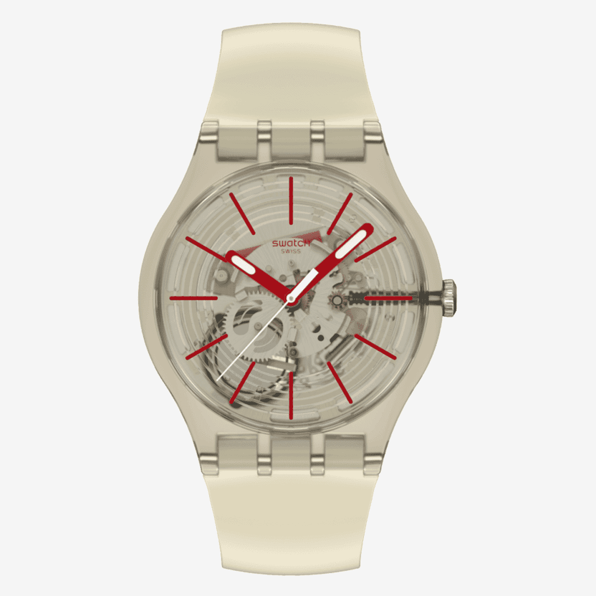 Vista frontal del Reloj Swatch Revealed in the Sand SO29K119 con esfera beige transparente y brazalete de silicona - SO29K119