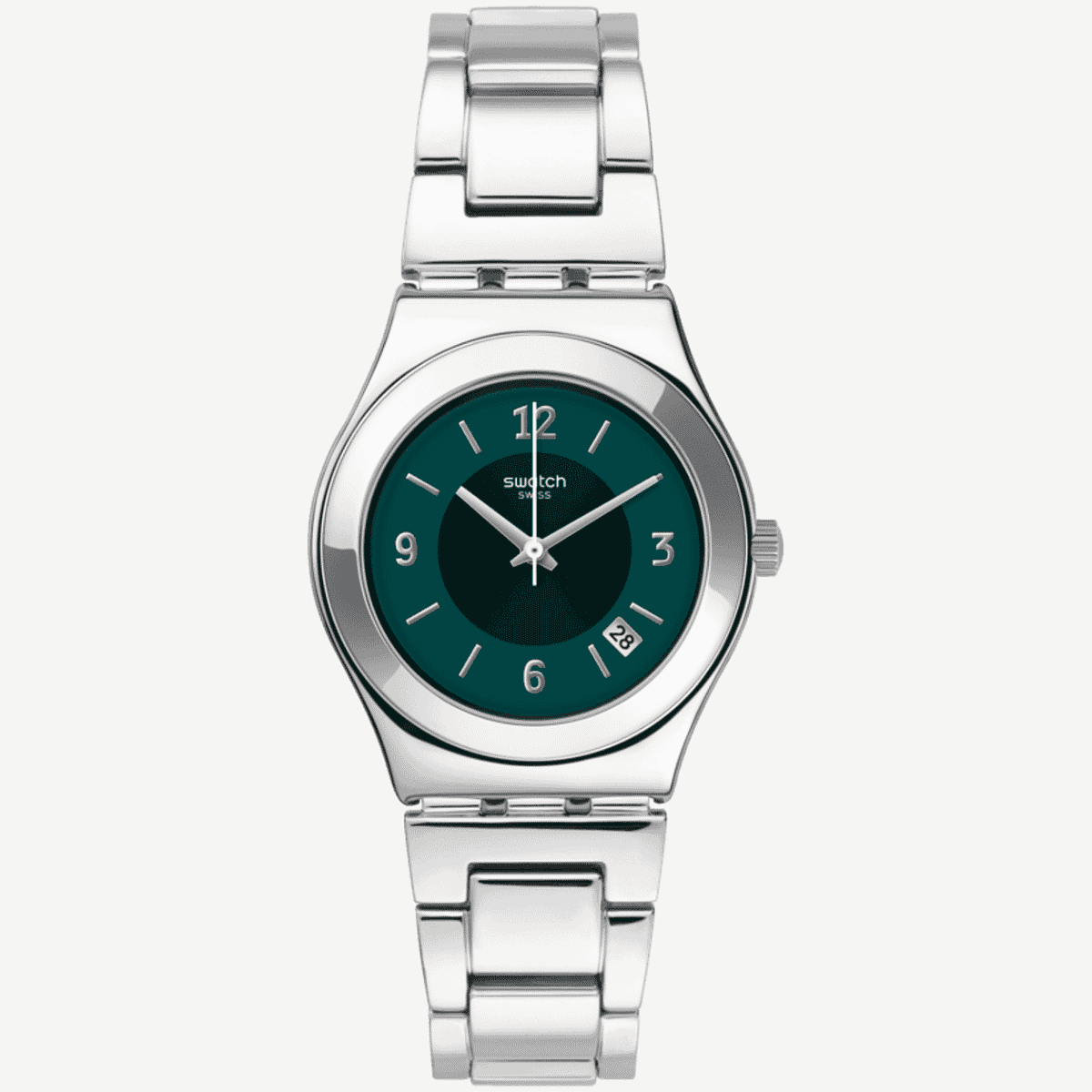 Vista frontal del Reloj Swatch Middlesteel con brazalete de acero y esfera verde - YLS468GC