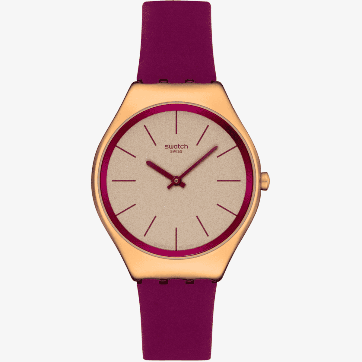 Vista frontal del Reloj Swatch Alpine Berry con caja dorada y esfera dorada - SYXG131