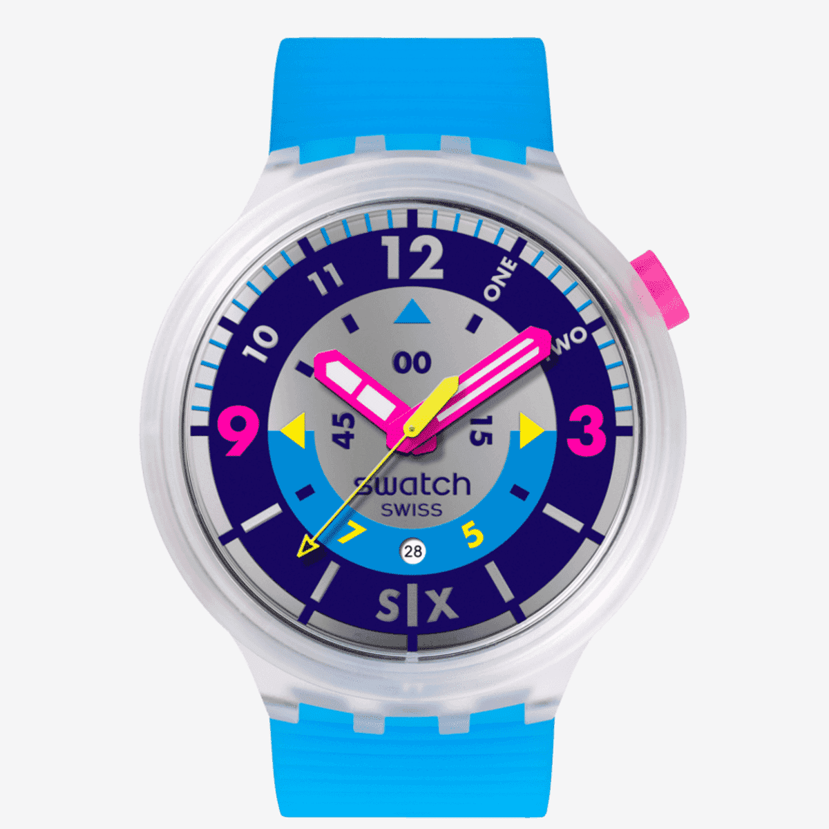 Vista frontal del Reloj Swatch Swatch Neon Hielo con esfera violeta y brazalete de silicona azul - SB01K400