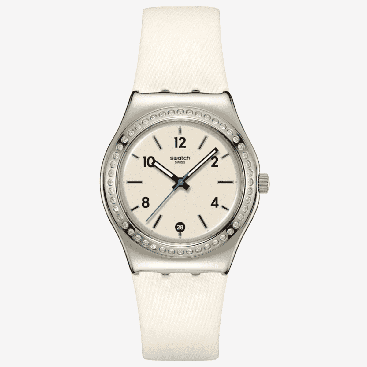 Vista frontal del Reloj Swatch Glacial Petals con correa de piel blanca y esfera blanca - YLS471