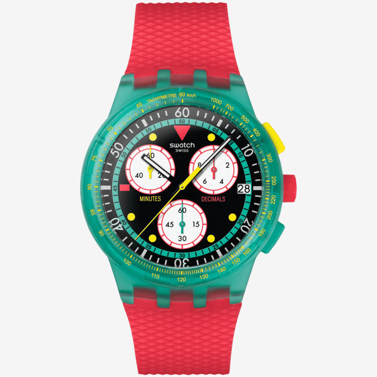 Vista frontal del Reloj Swatch Swatch Neon Emerald Chrono con caja verde y correa de silicona roja - SUSG409