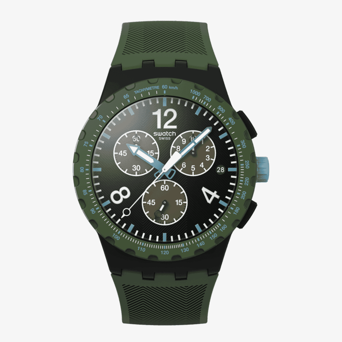 Vista frontal del Reloj Swatch Olive Rush con esfera negra y brazalete de silicona verde - SUSB421