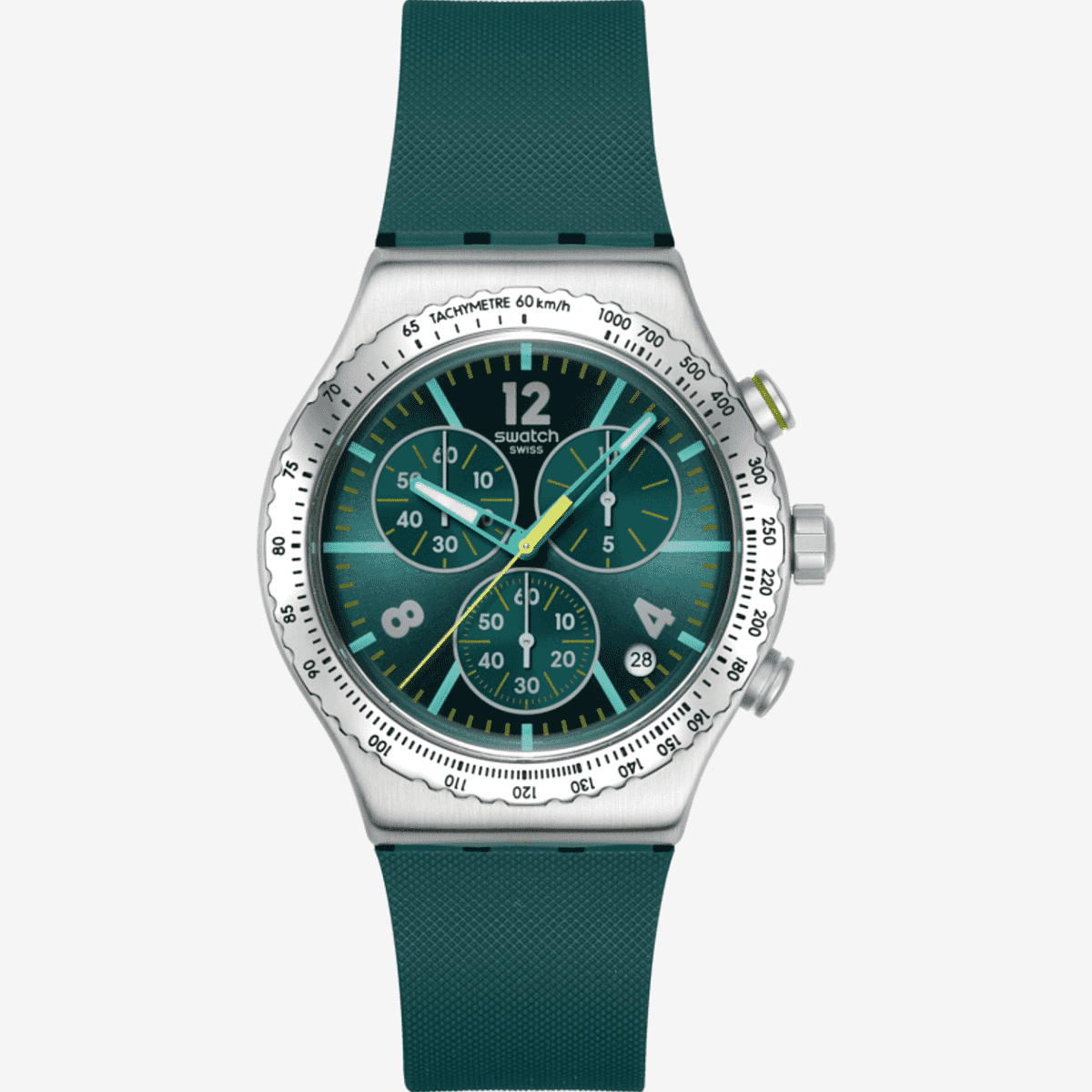 Vista frontal del Reloj Swatch Greenshift Glow con brazalete de goma verde y esfera verde - YVS535