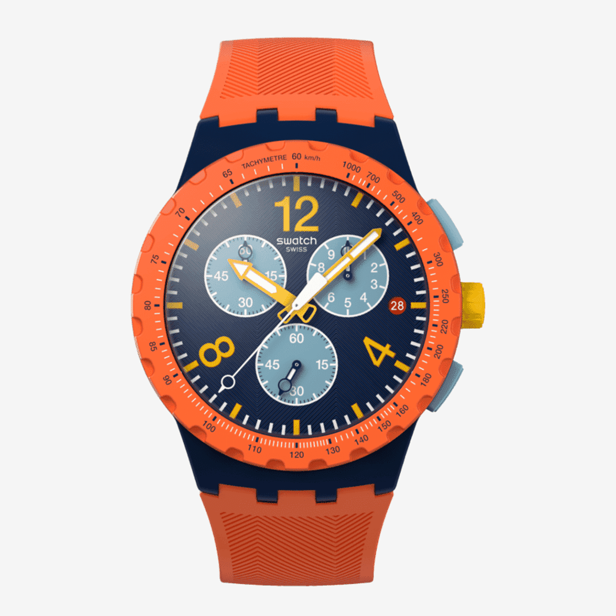 Vista frontal del Reloj Swatch Camo Flash con esfera azul y brazalete de silicona naranja - SUSI400