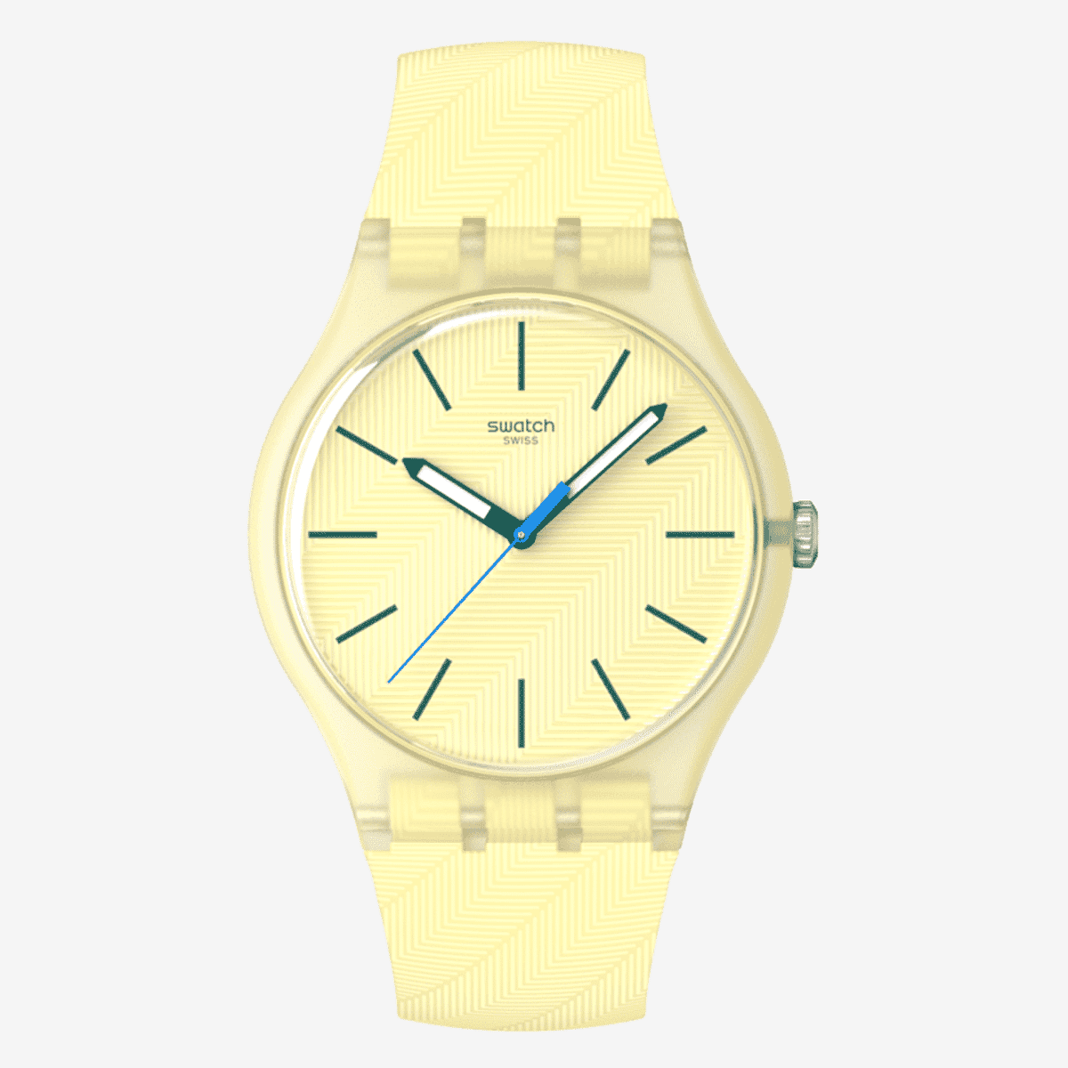 Vista frontal del Reloj Swatch Citrus Tilt con brazalete de silicona y esfera amarilla - SO29J102