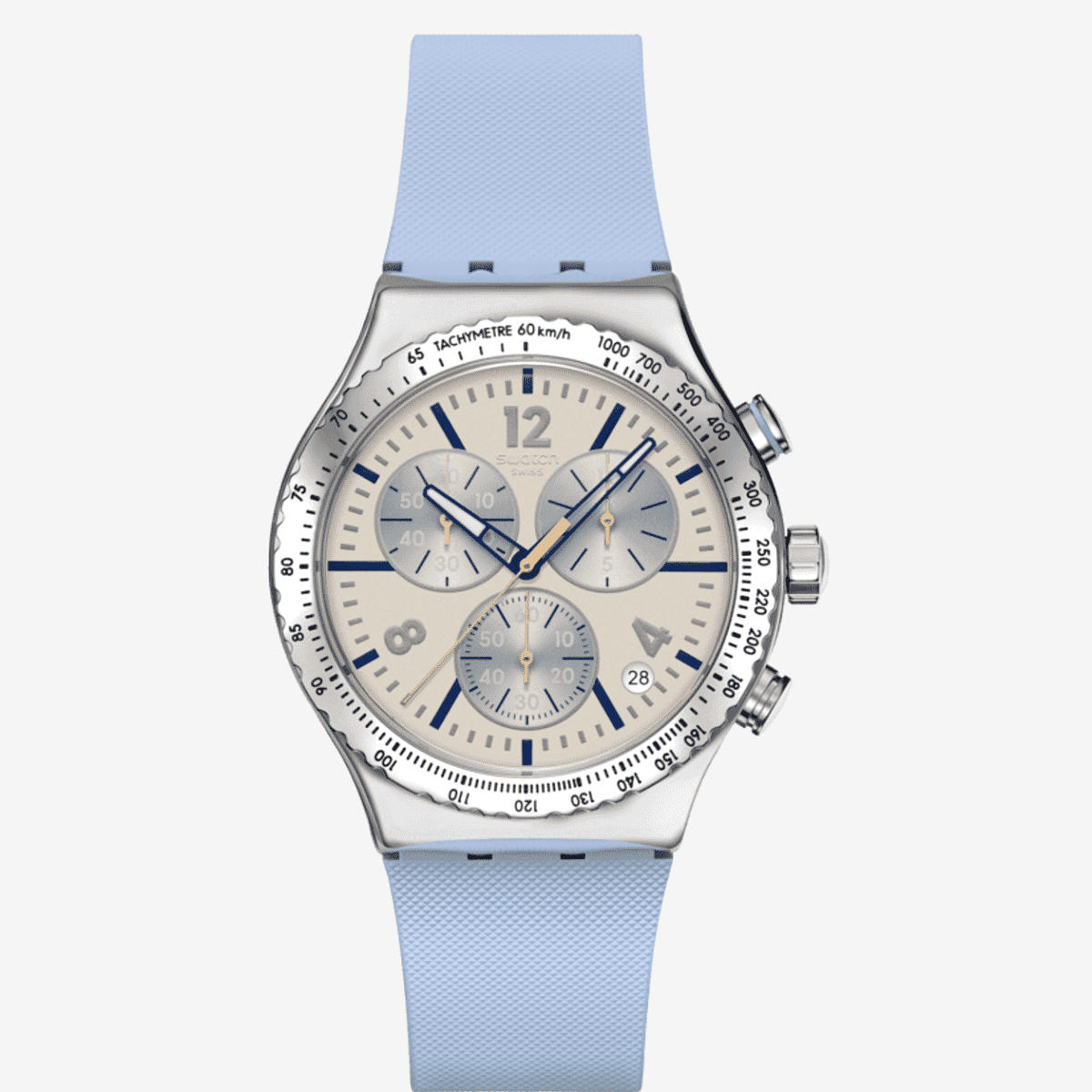 Vista frontal del Reloj Swatch Blueshift Glow con correa de goma azul y esfera azul - YVS536
