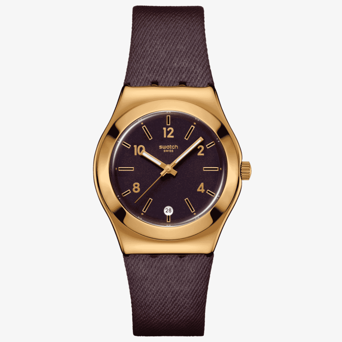 Vista frontal del Reloj Swatch Heart of Burgundy con brazalete de piel violeta y esfera púrpura - YLG413