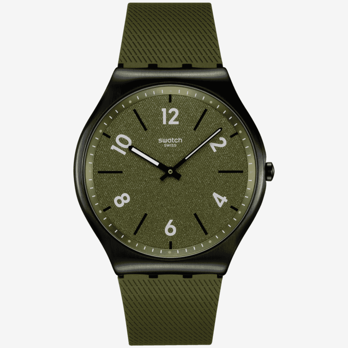 Vista frontal del Reloj Swatch Hint of Pine con esfera verde y correa de goma verde - SS07B115