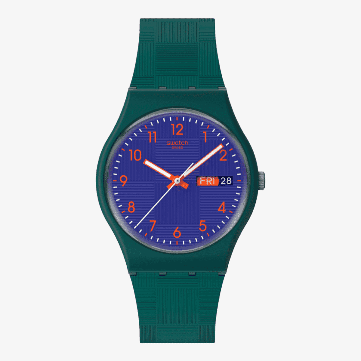 Vista frontal del Reloj Swatch Pattern Formation con caja verde de material biológico correa de silicona y esfera azul texturizada - SO28N706