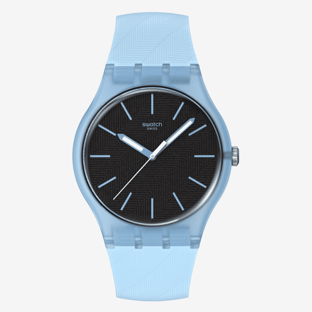 Vista frontal del Reloj Swatch Blue Moves con brazalete de silicona azul y esfera negra - SO29L101