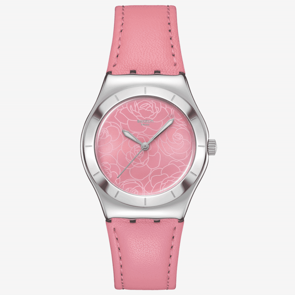 Vista frontal del Reloj Swatch Pink Petal Promise con esfera rosa y brazalete de piel - YLS234