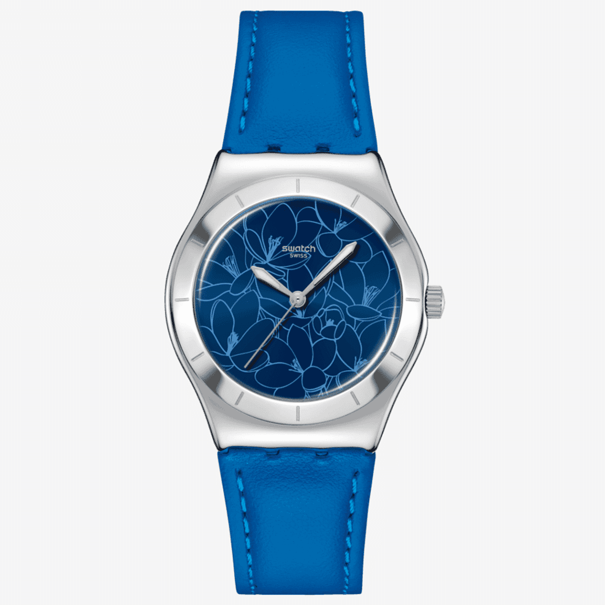 Vista frontal del Reloj Swatch Blue Petal Promise con correa de piel azul y esfera azul - YLS235