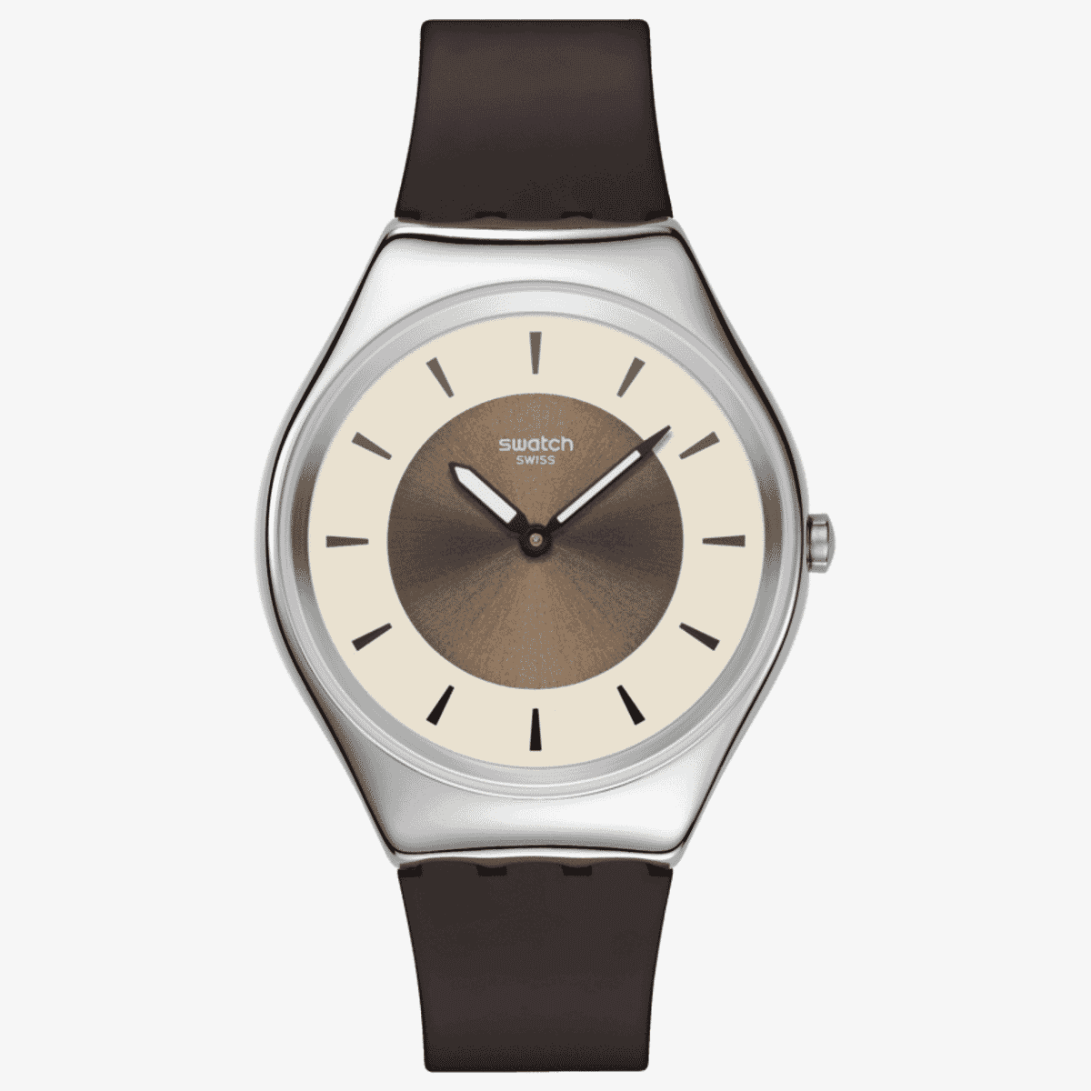 Vista frontal del Reloj Swatch Hazel Delight con esfera beis y brazalete de silicona marrón - SYXS158
