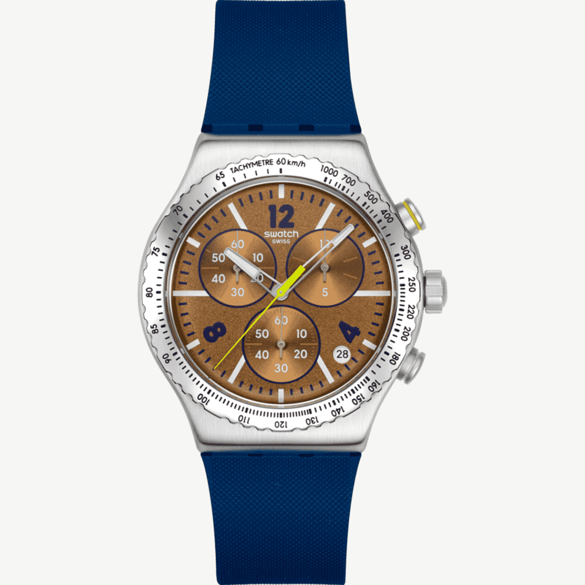 Vista frontal del Reloj Swatch Sidereal Glow con brazalete de goma azul y esfera marrón - YVS534