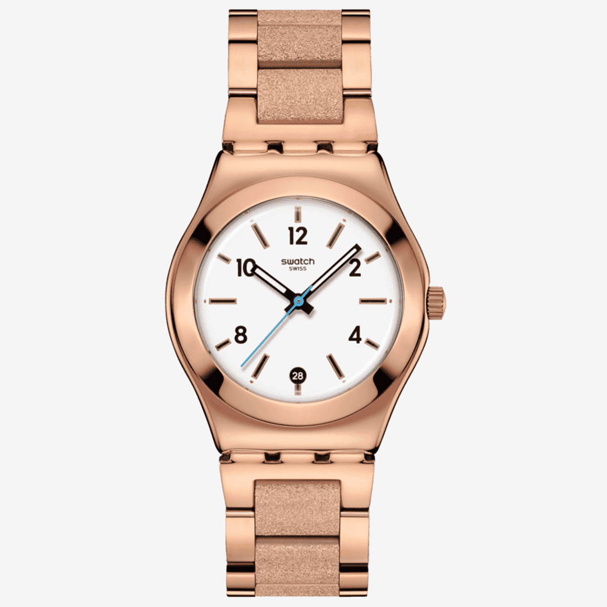 Vista frontal del Reloj Swatch Essence of Rose con brazalete de acero inoxidable chapado en oro rosa y esfera blanca - YLG414G