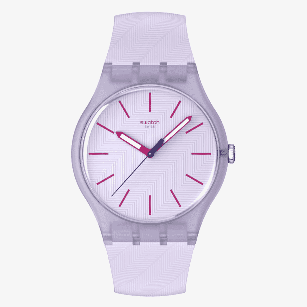 Vista frontal del Reloj Swatch Lavendaze con brazalete de silicona y esfera violeta - SO29V101