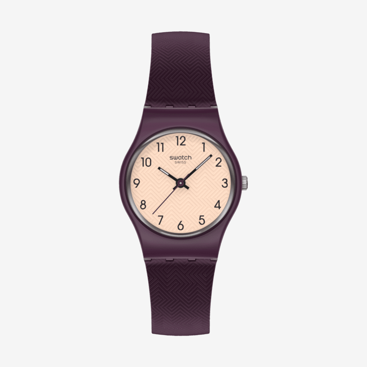 Vista frontal del Reloj Swatch Repeat Chic con brazalete de silicona violeta y esfera beis - LR138