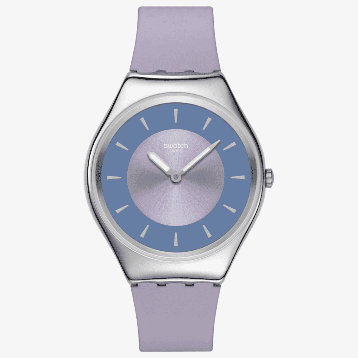 Vista frontal del Reloj Swatch Lyrically Lavender con caja de acero y esfera violeta - SYXS157