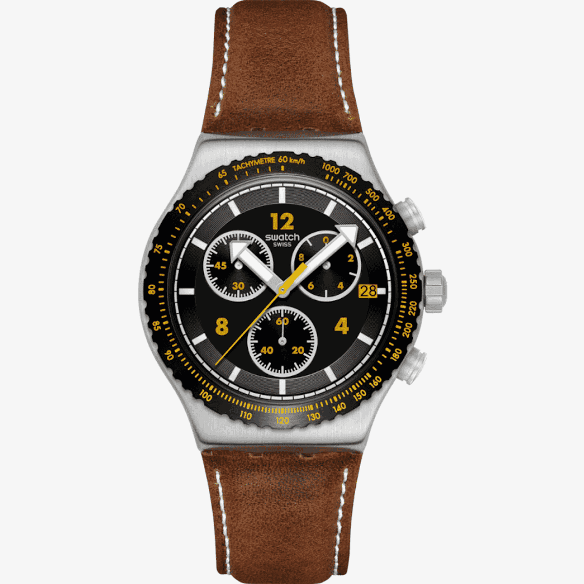 Vista frontal del Reloj Swatch Canyon Chaser con esfera negra y brazalete de piel marrón - YVS530