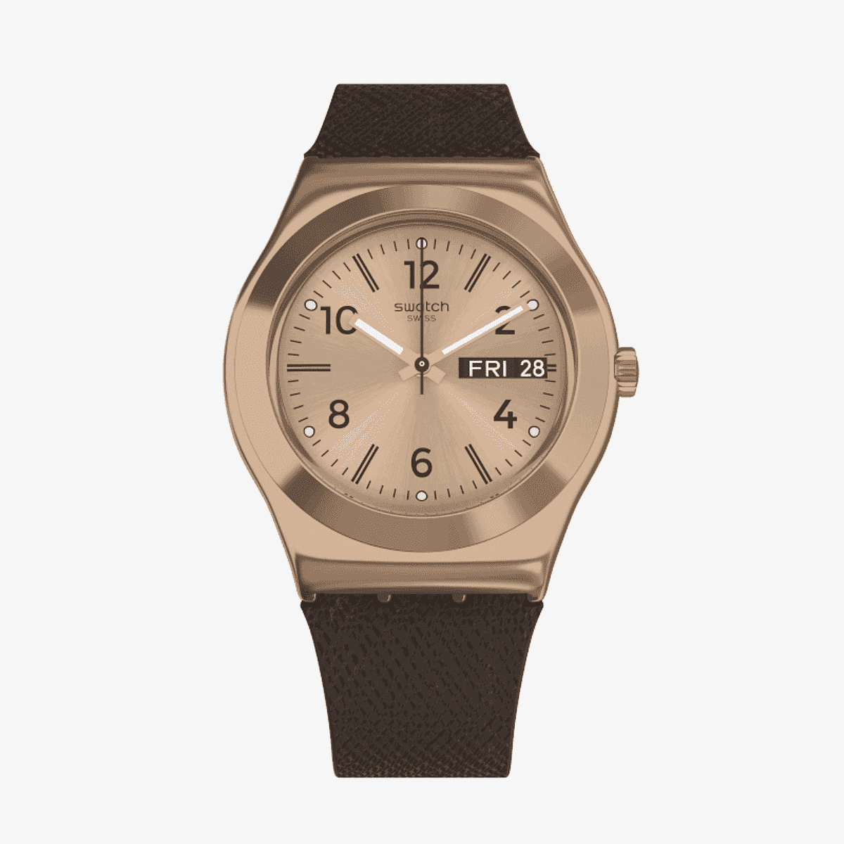 Vista frontal del Reloj Swatch Brownee con brazalete de silicona marrón y esfera rosa - YLG701