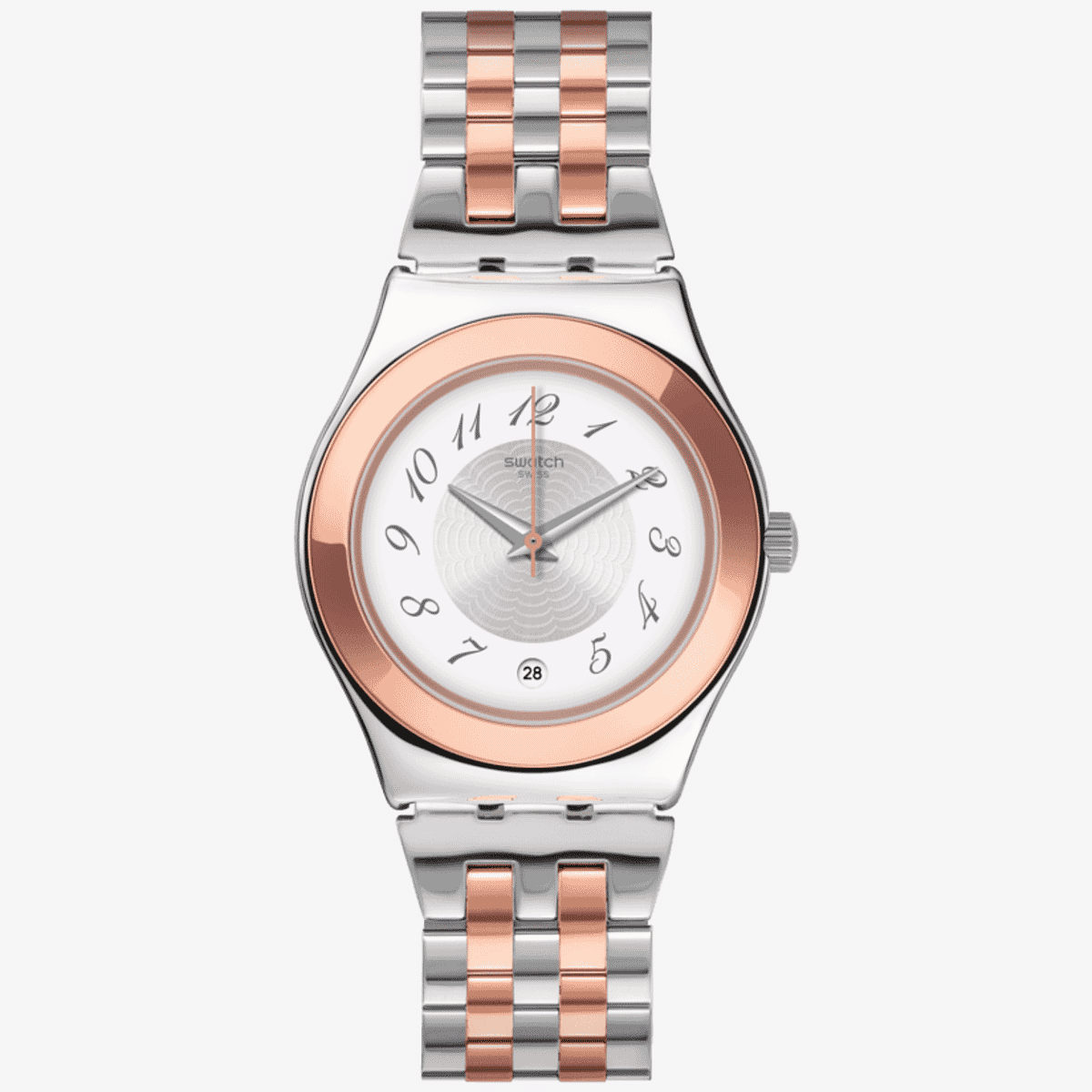 Vista frontal del Reloj Swatch Midimix YLS454GC con brazalete bicolor de acero y esfera blanca - YLS454GC