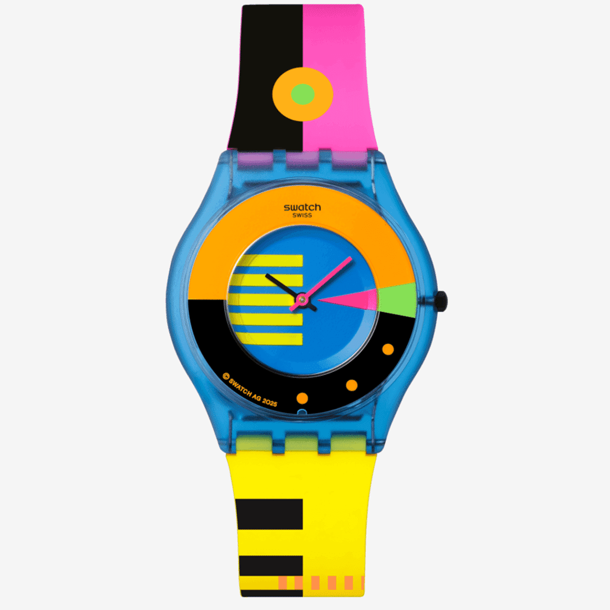 Vista frontal del Reloj Swatch Swatch Neon Flumotions con esfera azul y correa de silicona multicolor - SS08S101