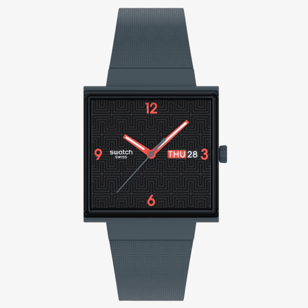 Vista frontal del Reloj Swatch Squared Off con caja gris y esfera negra - SO34M701