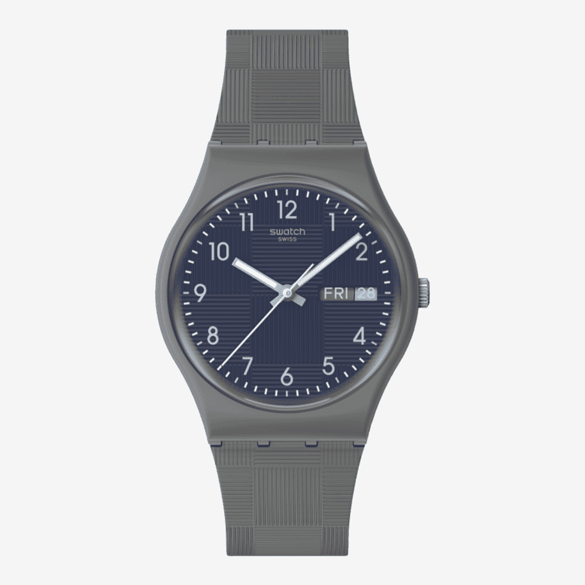 Vista frontal del Reloj Swatch Tile Dial SO28M701 con caja gris de material biológico y esfera azul - SO28M701