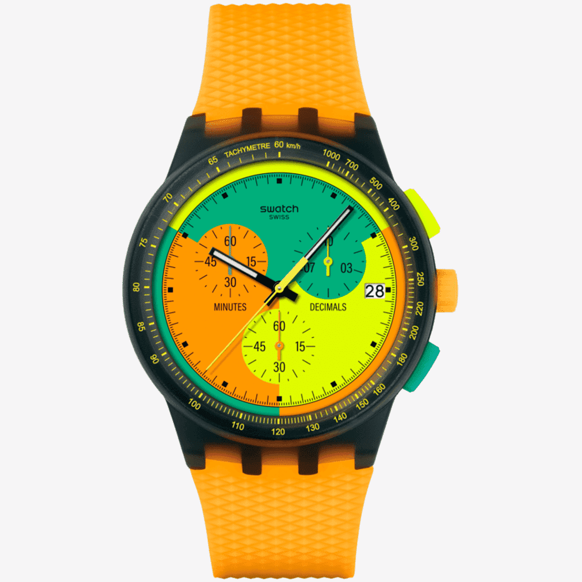 Vista frontal del Reloj Swatch Swatch Neon Signal Flag con brazalete de silicona naranja y esfera multicolor - SUSB422
