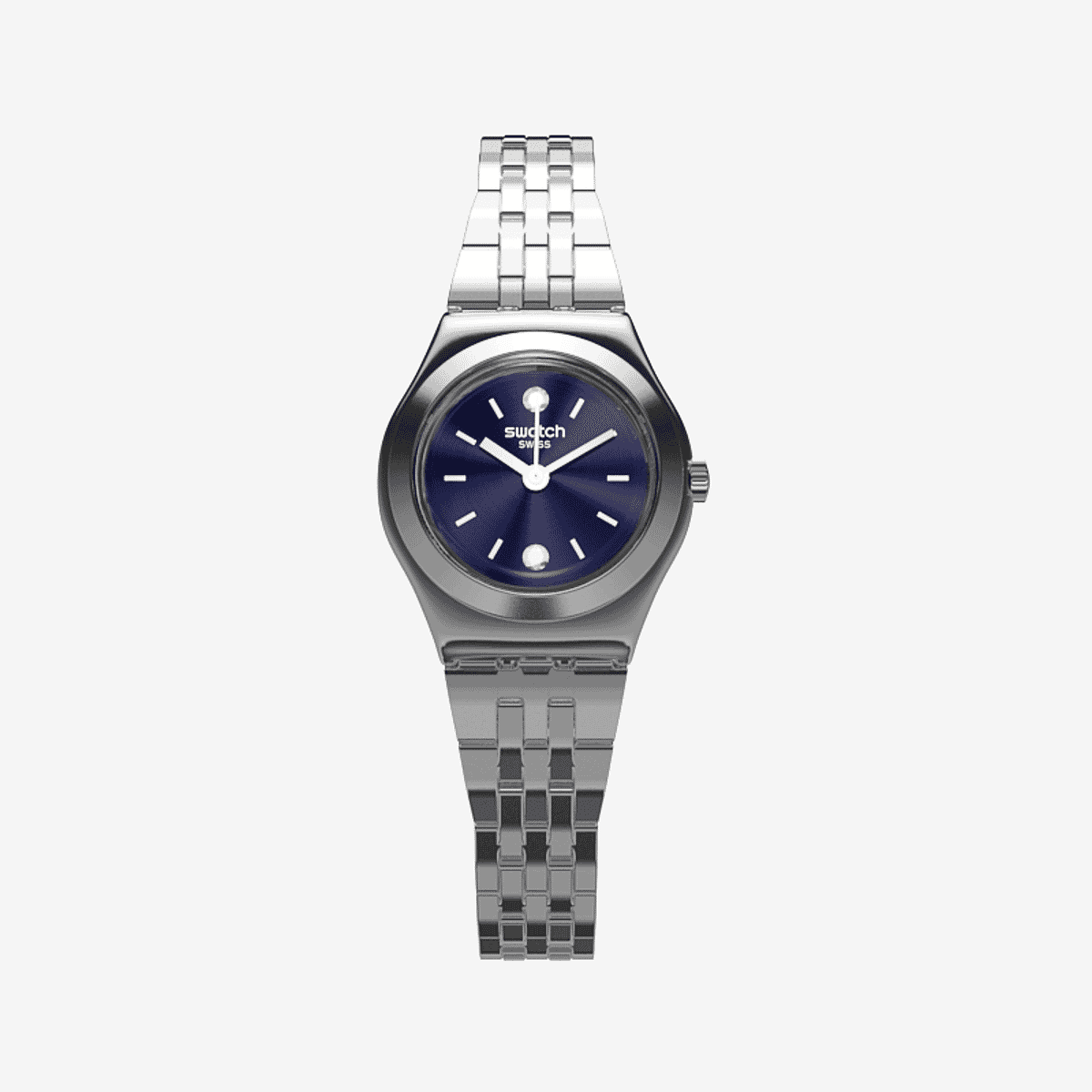 Vista frontal del Reloj Swatch Sloane YSS288G con brazalete de acero y esfera azul - YSS288G