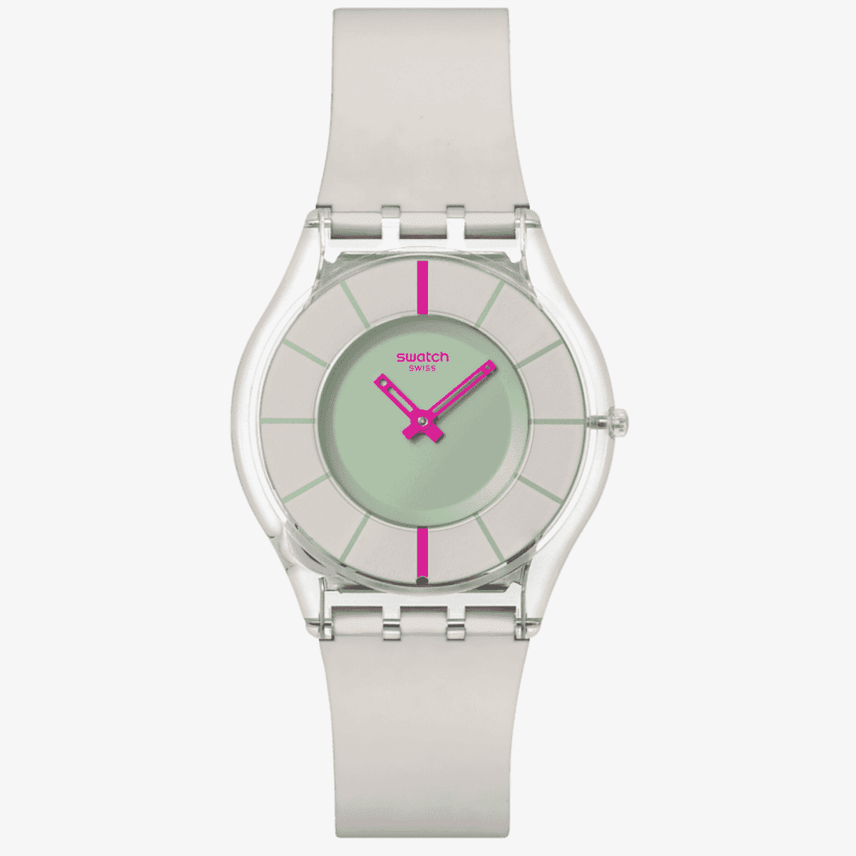 Vista frontal del Reloj Swatch Own Your Time con caja de origen biológico verde y esfera verde - SS08K124